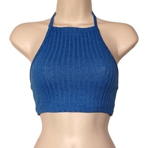 SIGNATURE 8 Blue Ribbed Halter Neck Stretchy Cropped Bra Top Small